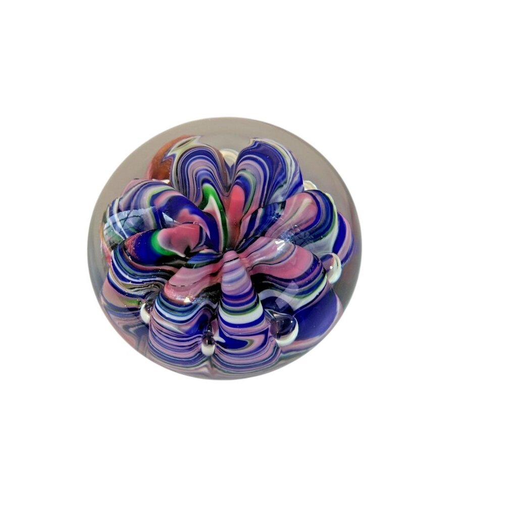 Art Glass Paperweight Signed Joe St. Claire, Ribbon Crimp blue, pink, white - Picture 2 of 10